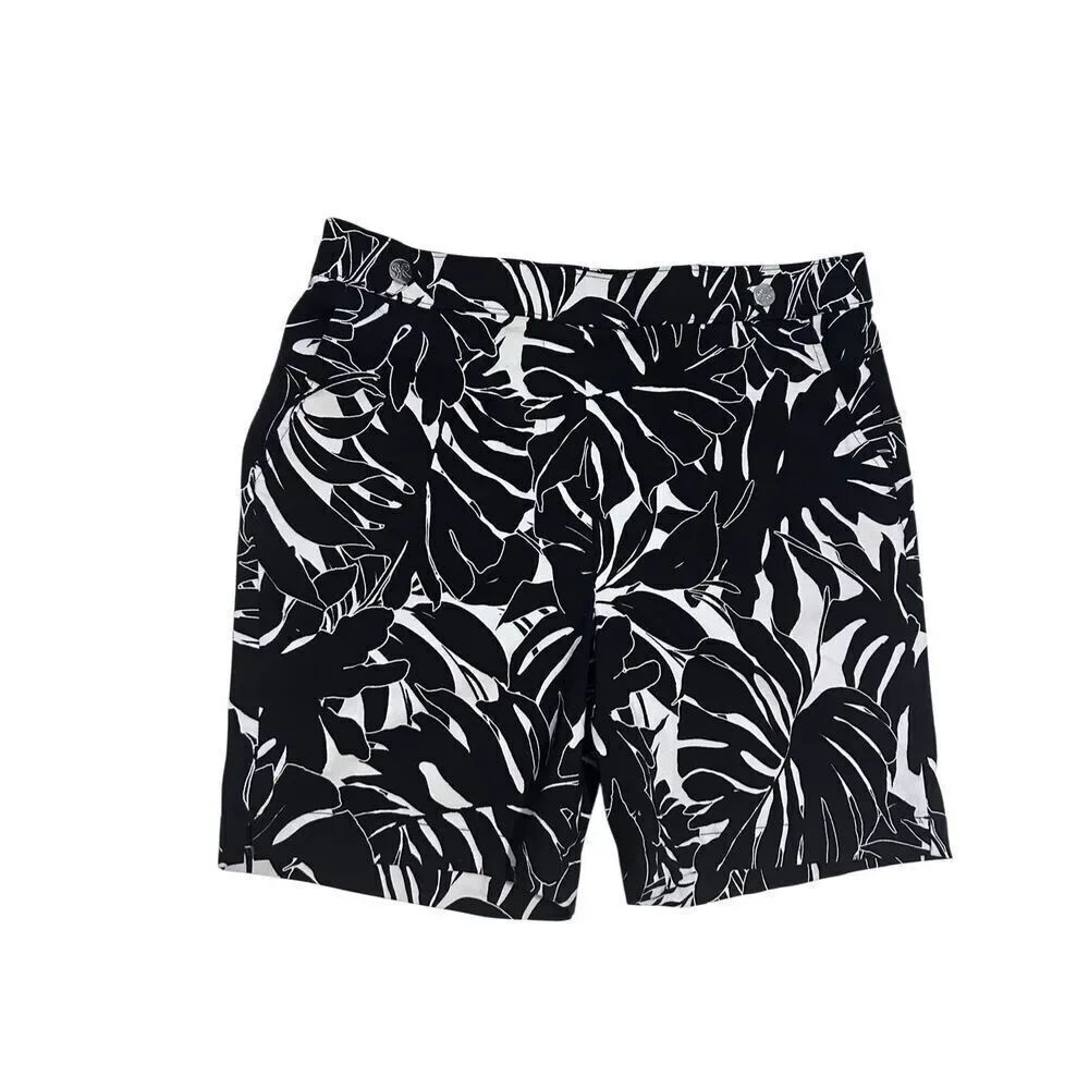 Rafaella Women's Stretch Comfort Waistband Bermuda Shorts Black Palm Size 14